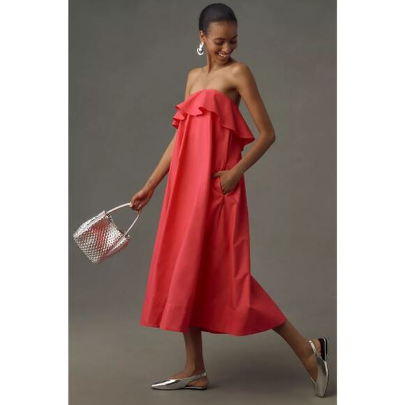 By Anthropologie Strapless Flounce A-Line Midi Dress Fuchsia Pink Women's Small - Picture 3 of 7